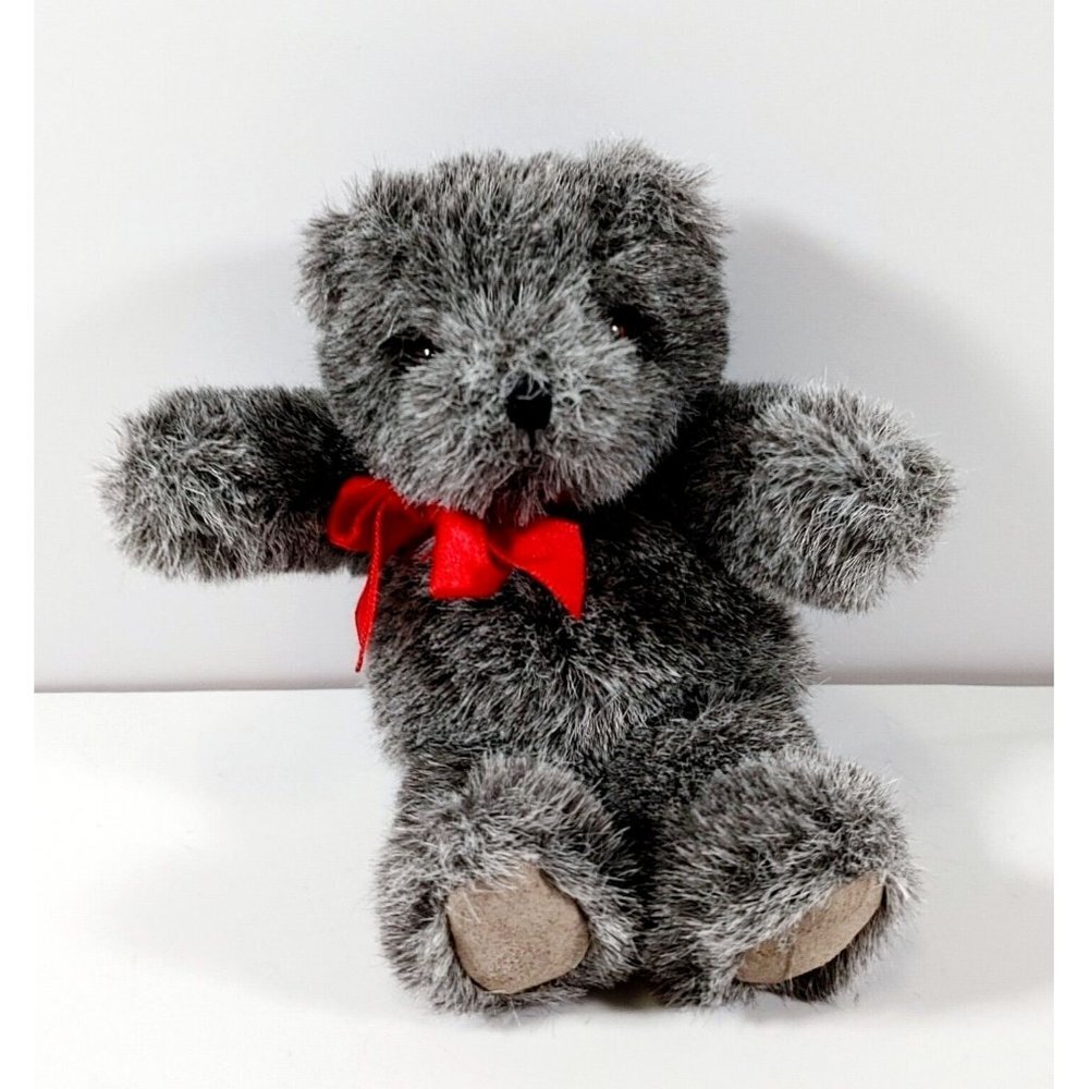 Vintage Russ Berrie 4711  Plush Grey Bear Red Bow Tie 6” Stuffed Teddy Bear